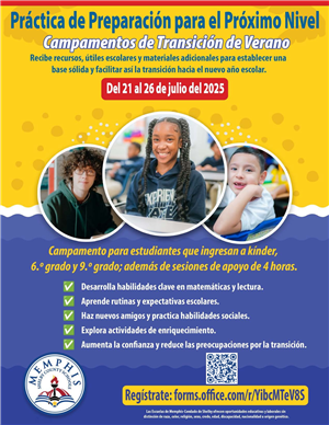 Blue and yellow flyer in Spanish that has information about a workshop for students in transitional grades